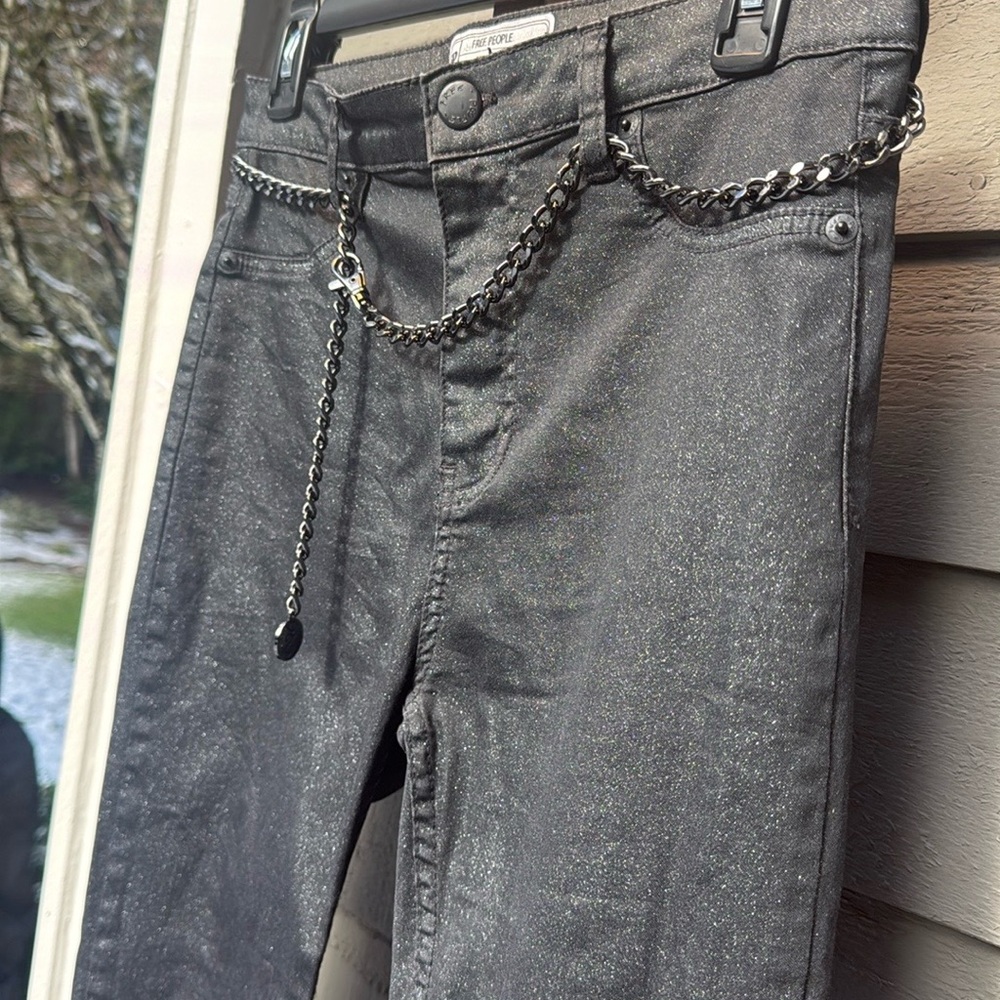 Free people black glitter skinny jeans, Size 28 with zipper (belt not included)